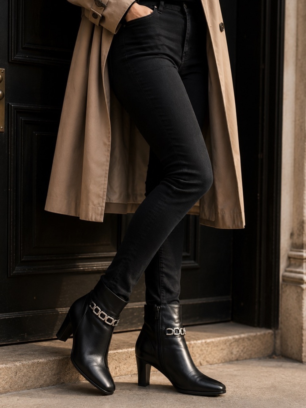 Black Leather Heeled Ankle Boots | Silver Chain Detail